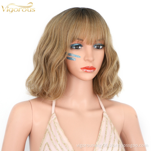 Cosplay Daily Use Wavy Short Bob Neat Bang Shoulder Length Curly Synthetic Heat Resistant Fiber Ombre Blonde color Wig for women